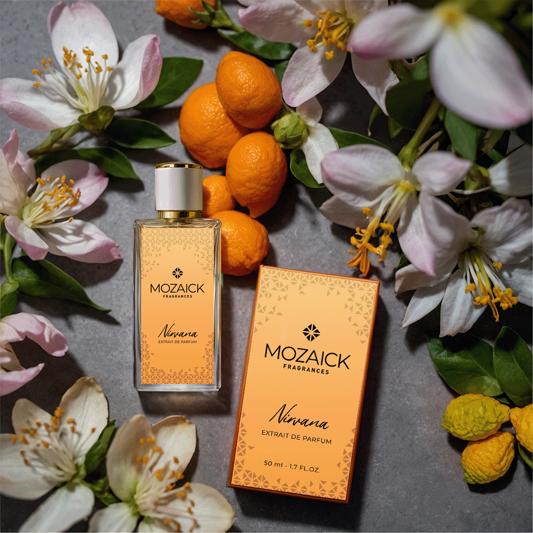 NIRVANA Extrait de Parfum 50 ml by MOZAICK – bottle and box with oranges, citrus fruit and pale blossoms